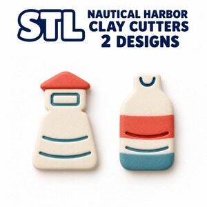 May include: Two clay cutters featuring nautical harbour designs, including a lighthouse and a buoy. The text STL NAUTICAL HARBOUR CLAY CUTTERS 2 DESIGNS is displayed above the off-white, red, and blue shapes, which have embossed details.