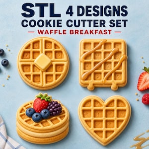 Op de afbeelding: Een set van vier koekjesvormen in wafelthema met STL-ontwerpen. De vormen omvatten een ronde wafel met een klontje boter, een vierkante wafel met siroop, een stapel wafels met bessen en een hartvormige wafel. Tekst: STL 4 DESIGNS COOKIE CUTTER SET — WAFFLE BREAKFAST —.