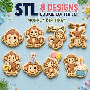Könnte beinhalten: Ein digitales Set mit 8 STL-Ausstechformen-Designs zum Thema Affen-Geburtstag. Die Grafiken zeigen braune Affen in verschiedenen Posen, darunter mit einer Banane, mit einem Partyhut, mit Luftballons oder neben einem Cupcake stehend.