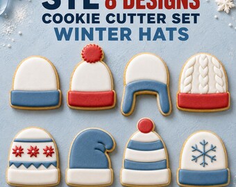 Winter Hat Cookie Cutter STL Set, 8 Beanie Knit Cutter and Stamp Designs