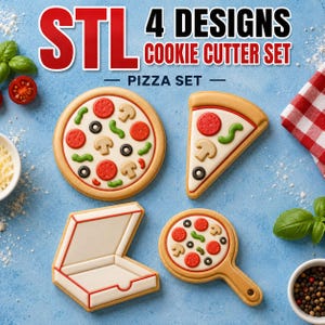 Könnte beinhalten: Ein Set aus vier Ausstechformen zum Thema Pizza, bestehend aus einer ganzen Pizza, einem Pizzastück, einem Pizzakarton und einem Pizzaschieber. Der Text STL 4 DESIGNS COOKIE CUTTER SET PIZZA SET ist oben zu sehen. Die Formen sind als Kekse dekoriert.