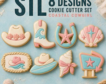 Coastal Cowgirl Cookie Cutter STL Set, 8 Western Beach Cutter Stamp Designs, Digital Download