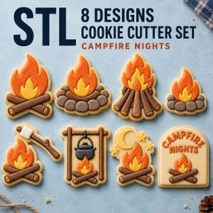 May include: A set of 8 cookie cutters featuring campfire-themed designs, including various fire pits, a marshmallow on a stick, a cooking pot, and a sign reading "CAMPFIRE NIGHTS". The cutters are rendered in orange, yellow, brown, and black colors.