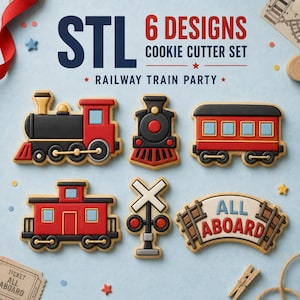 May include: A set of 6 cookie cutters featuring railway train designs, including a locomotive, passenger car, caboose, crossing signal, and a sign with the text ALL ABOARD. The cutters are rendered in red, black, and light blue colors.