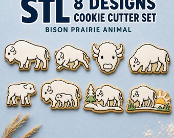 Bison Cookie Cutter STL Set, 8 Prairie Animal Cutter and Stamp Designs