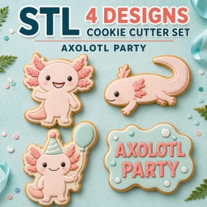Puede incluir: Un juego de cuatro cortadores de galletas STL con diseños de ajolote. Las galletas están decoradas con glaseado rosa y ojos negros. Un ajolote está de pie, otro gatea, uno lleva un gorro de fiesta con un globo y otro es una placa con AXOLOTL PARTY.