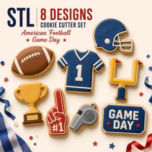May include: A set of 8 cookie cutters featuring American football themes, including a brown football, blue jersey with number 1, blue helmet, yellow goal post, gold trophy, red foam finger with #1, silver whistle, and a sign reading GAME DAY.