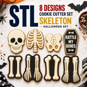May include: A set of 8 STL cookie cutter designs featuring skeleton-themed shapes including a skull, rib cage, pelvis, coffin with the text RATTLE MY BONES, arm bones, hand bones, leg bones, and foot bones, all displayed as decorated cookies.