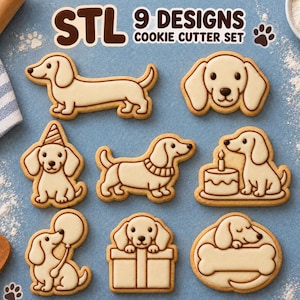 May include: A set of nine light beige cookie cutters featuring dachshund dog designs, including a standing dog, a dog head, a dog with a party hat, a dog in a sweater, a dog with a birthday cake, a dog with a balloon, a dog in a gift box, and a dog with a bone. The text reads STL 9 DESIGNS COOKIE CUTTER SET.