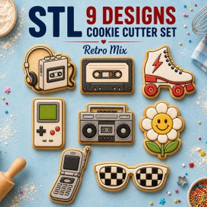 May include: A set of 9 cookie cutters featuring retro designs including a cassette player, cassette tape, roller skate, handheld game console, boombox, smiley flower, flip phone, and checkered sunglasses, with the text STL 9 DESIGNS COOKIE CUTTER SET.