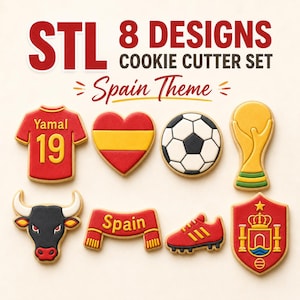 May include: A set of 8 cookie cutters featuring a Spain theme, including shapes of a jersey with 'Yamal 19', a heart with the Spanish flag, a football, a trophy, a bull head, a scarf with 'Spain', a football boot, and a Spanish coat of arms.