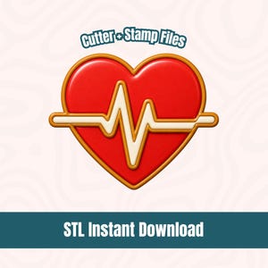 May include: A red heart-shaped design with a gold outline and a white heartbeat line. The text "Cutter + Stamp Files" is at the top, and "STL Instant Download" is at the bottom, all on a light pink background.