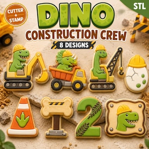 May include: A set of eight cookie cutters and stamps featuring a dinosaur construction crew theme. The designs include green dinosaurs in yellow construction vehicles, a cracked egg with a yellow hard hat, a traffic cone, a bone-shaped sign, and a number two.