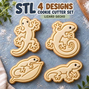 Può includere: Un set di quattro stampini per biscotti color beige a forma di lucertola e geco. Il testo STL 4 DESIGNS COOKIE CUTTER SET LIZARD GECKO è stampato in alto. Ogni stampino presenta una sagoma di rettile con dettagli in rilievo.