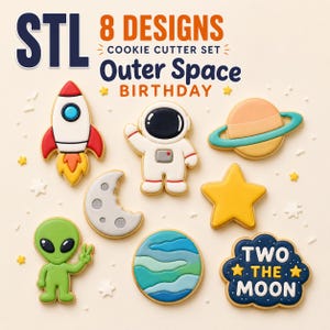May include: A set of 8 cookie cutters featuring outer space designs including a rocket, astronaut, planet with rings, crescent moon, star, alien, swirled planet, and a cloud shape with the text TWO THE MOON and two yellow stars.