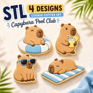 May include: A set of four cookie cutters featuring capybara designs labeled STL 4 DESIGNS COOKIE CUTTER SET Capybara Pool Club. The designs include a capybara in a blue and white inner tube, one holding a drink, one wearing sunglasses, and one on a mat.