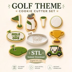 May include: A golf-themed cookie cutter set featuring shapes of a flag, golf bag, tee, ball, trophy, golf cart, and a green. Includes a white plastic cutter with the text HOLE IN ONE and a digital STL file set for 3D printing with high detail.