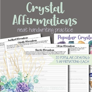 20 Popular Crystals and Affirmations: Handwriting Practice Worksheets (DIGITAL DOWNLOAD)