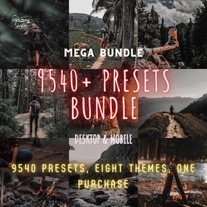 Puede incluir: Una imagen promocional para un paquete de productos digitales. La imagen es un collage de escenas al aire libre con texto superpuesto. El texto dice "MEGA BUNDLE", "9540+ PRESETS BUNDLE", "DESKTOP & MOBILE" y "9540 PRESETS, EIGHT THEMES, ONE PURCHASE".