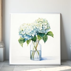 Art floral d&#39;hortensia mural bleu clair, peinture de fleurs à l&#39;aquarelle, floral vintage, art de la ferme, impression numérique, cadeau de pendaison de crémaillère