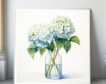 Light Blue Wall Hydrangea Flower Art, Watercolor Flower Painting, Vintage Floral, Farmhouse Art, Digital Print, Housewarming Gift