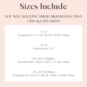 Peut inclure: Un graphique montrant les diff&eacute;rentes tailles d'images num&eacute;riques incluses dans un achat. Les tailles sont indiqu&eacute;es en pouces et en centim&egrave;tres. Le texte indique "Sizes Include" et "You will receive these high resolution (300 dpi) JPG sizes:".