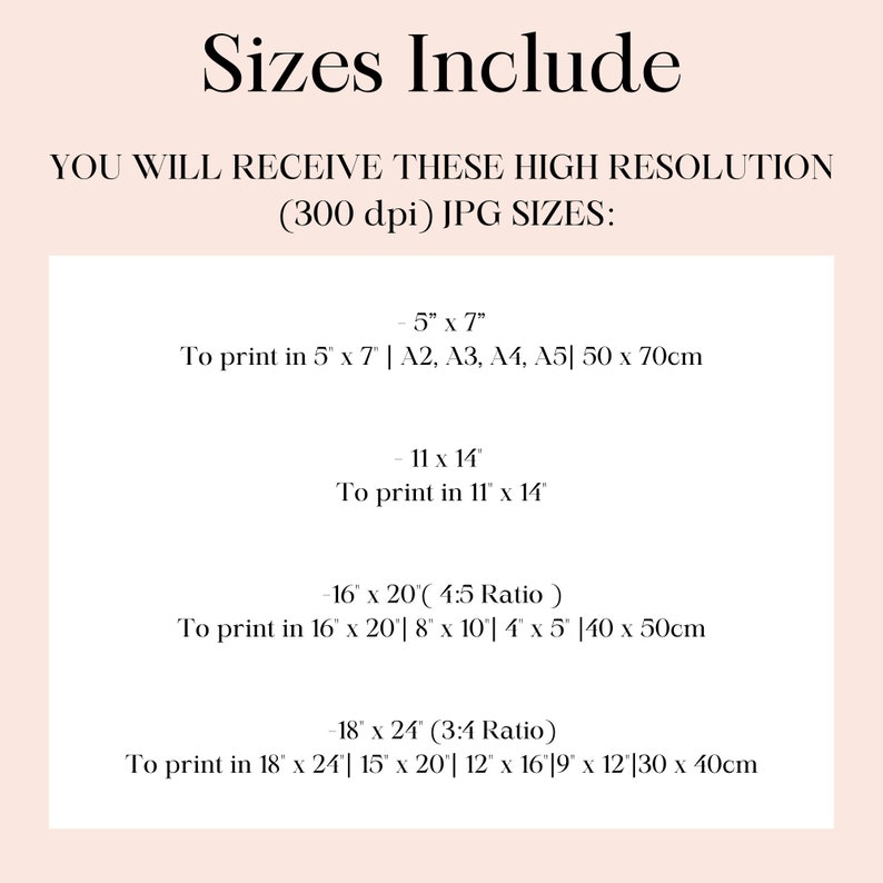 Peut inclure: Un graphique montrant les diff&eacute;rentes tailles d'images num&eacute;riques incluses dans un achat. Les tailles sont indiqu&eacute;es en pouces et en centim&egrave;tres. Le texte indique "Sizes Include" et "You will receive these high resolution (300 dpi) JPG sizes:".