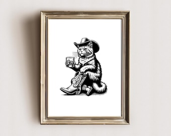 Cowboykatt-affisch, present till kattälskare, tryck i begränsad upplaga, tryck av svart katt, rolig kattaffisch, kattporträtt, bartryck, whisky