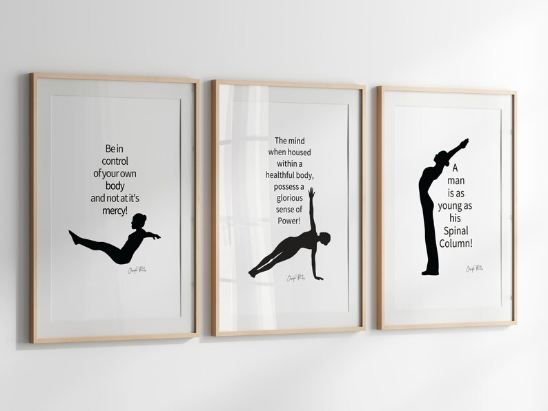 Peut inclure: Trois impressions encadr&eacute;es en noir et blanc avec des citations inspirantes sur le corps et l'esprit. Les citations sont : "Soyez ma&icirc;tre de votre propre corps et non &agrave; sa merci !"  "L'esprit, lorsqu'il est log&eacute; dans un corps sain, poss&egrave;de un sentiment glorieux de puissance !"  "Un homme est aussi jeune que sa colonne vert&eacute;brale !"