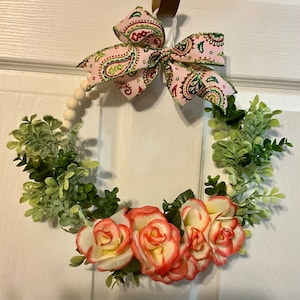 Small Wood Bead Wreath, Wood Bead Wreath With Florals, Free Shipping