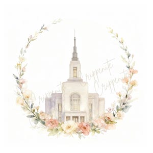 Puede incluir: Ilustración en acuarela de un edificio blanco con una aguja alta, rodeado por una corona floral de flores rosas, melocotón y crema y hojas verdes. El edificio tiene varias ventanas y una gran puerta arqueada. La imagen tiene un aspecto suave y romántico.