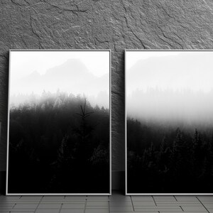 Forest Art, 2 Piece Forest Printable, Black and White Forest, Minimalist Landscape, Trees, Fog, Top Selling, Nature Photography Prints Set