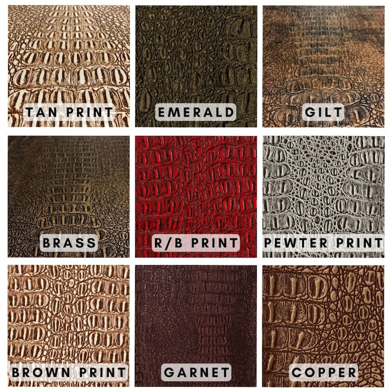 K&ouml;nnte beinhalten: Neun verschiedene Farb- und Musteroptionen f&uuml;r Kunstleder mit Kroko-Pr&auml;gung. Die Farben umfassen Tan, Smaragd, Gold, Messing, Rot-Schwarz-Druck, Zinn-Druck, Braun-Druck, Granat und Kupfer.
