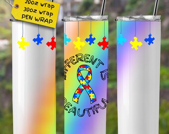 Autism tumbler wrap, Autism pen wrap, Autism Awareness PNG files, Different is beautiful digital download, Autism & puzzle pieces design.