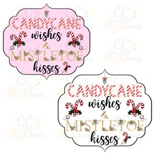 Pink candy cane wishes and mistletoe kisses decal, white & pink candy cane PNG, Candy cane design, pink Christmas PNG with fun saying