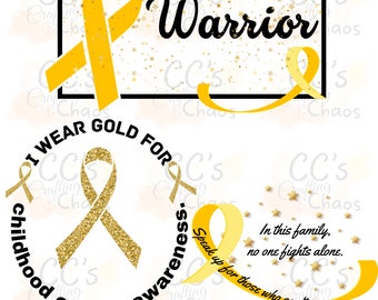 Childhood cancer awareness designs, I wear gold for childhood cancer awareness PNG, Gold ribbon warrior file, Children's cancer awareness.