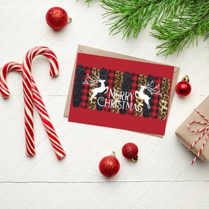 Leopard print and buffalo plaid Christmas card PNG, Reindeer PNG for Christmas cards or other crafts, 5x7 Merry Christmas card printable png