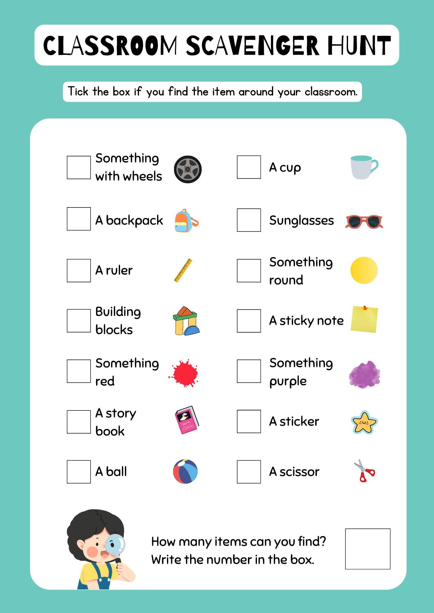 Classroom Scavenger Hunt Worksheet - Fun Printable Activity for Kids - Back to School Icebreaker Classroom Game for Preschool and Elementary
