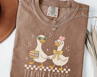Teacher Besties Shirt, Comfort Colors Silly Teacher Goose Matching Tee for Coworker Friends, Teacher Bestie Gift, Teaching Partner T-Shirt