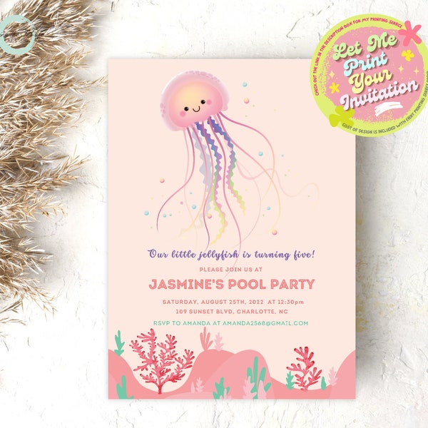 Jellyfish Birthday Invitation, Under the Sea Birthday Invitation, Girl Sea Birthday Invitation, Sea Creature, Printable, DIGITAL DOWNLOAD