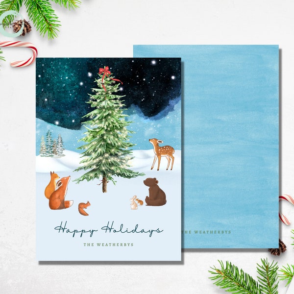 Woodlands Christmas, Animals Christmas Card, Pet Lovers, Fox Bears Christmas Card, Custom Xmas Card, Printable, DIGITAL DOWNLOAD