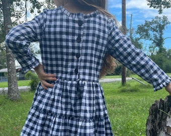 Girls 3/4 Sleeved Dress, Cotton, Navy Gingham with Tiered Skirt, Handmade Dress