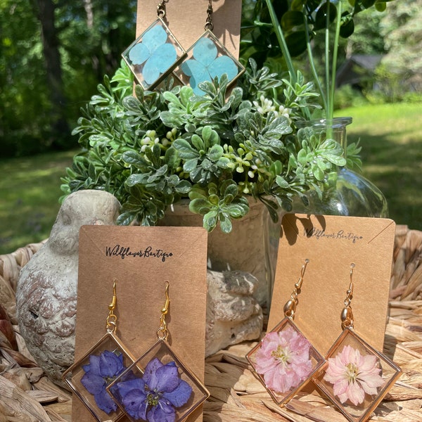 Wildflower Boutique Large Diamond Pink, Purple, or Blue and Burnished Gold, Silver, or Bronze Boho Floral Earrings