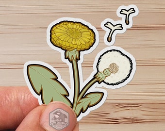 Peut inclure: Un autocollant représentant un pissenlit jaune avec une tête de graine blanche et deux plus petites têtes de graine blanches. L'autocollant est sur un fond en bois.