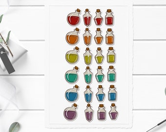 Peut inclure: Une feuille d'autocollants représentant des fioles de potion colorées. Les autocollants sont disposés en rangées, chaque rangée présentant une couleur de potion différente. Les couleurs incluent le rouge, l'orange, le jaune, le vert, le bleu et le violet.