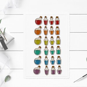 May include: A sheet of colorful potion bottle stickers. The stickers are arranged in rows, with each row featuring a different color of potion. The colors include red, orange, yellow, green, blue, and purple.