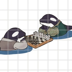 May include: Two black and white orcas wearing vests play chess on a wooden board with white and black squares. The orcas are in the water, which is blue.