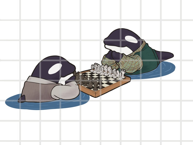 May include: Two black and white orcas wearing vests play chess on a wooden board with white and black squares. The orcas are in the water, which is blue.