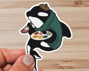 Sticker-  Water Proof Sticker- Painter Orca - Killer Whale - Cartoon Style - vinyl 3"