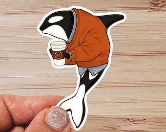 Sticker-  Water Proof Sticker- Orca - PSL- Coffee drinking Killer Whale - Cartoon Style - vinyl 3"